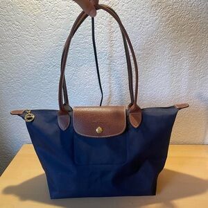 Longchamp Navy Tote with Brown Leather Handles